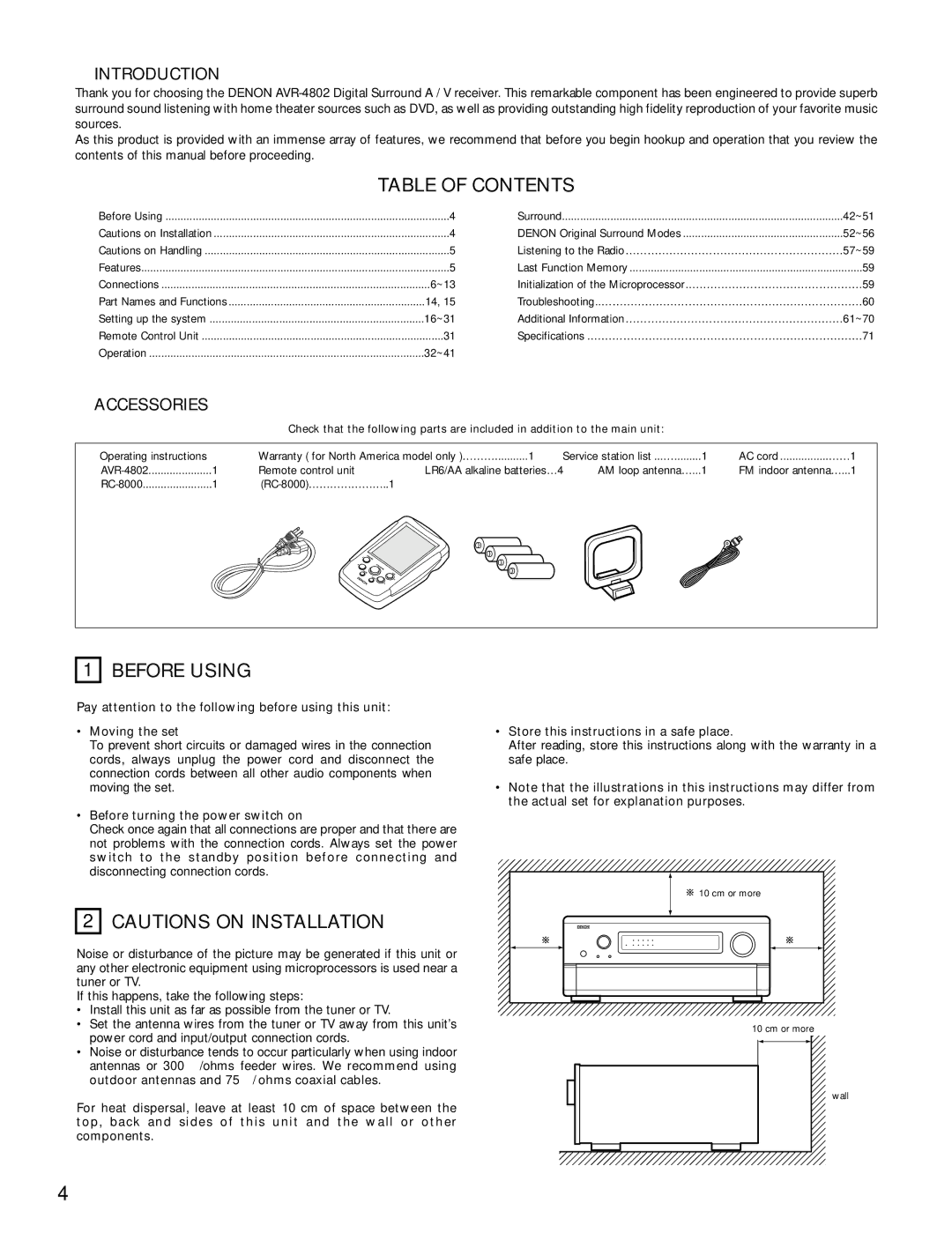 Denon AVR-4802 manual Table of Contents, Before Using 