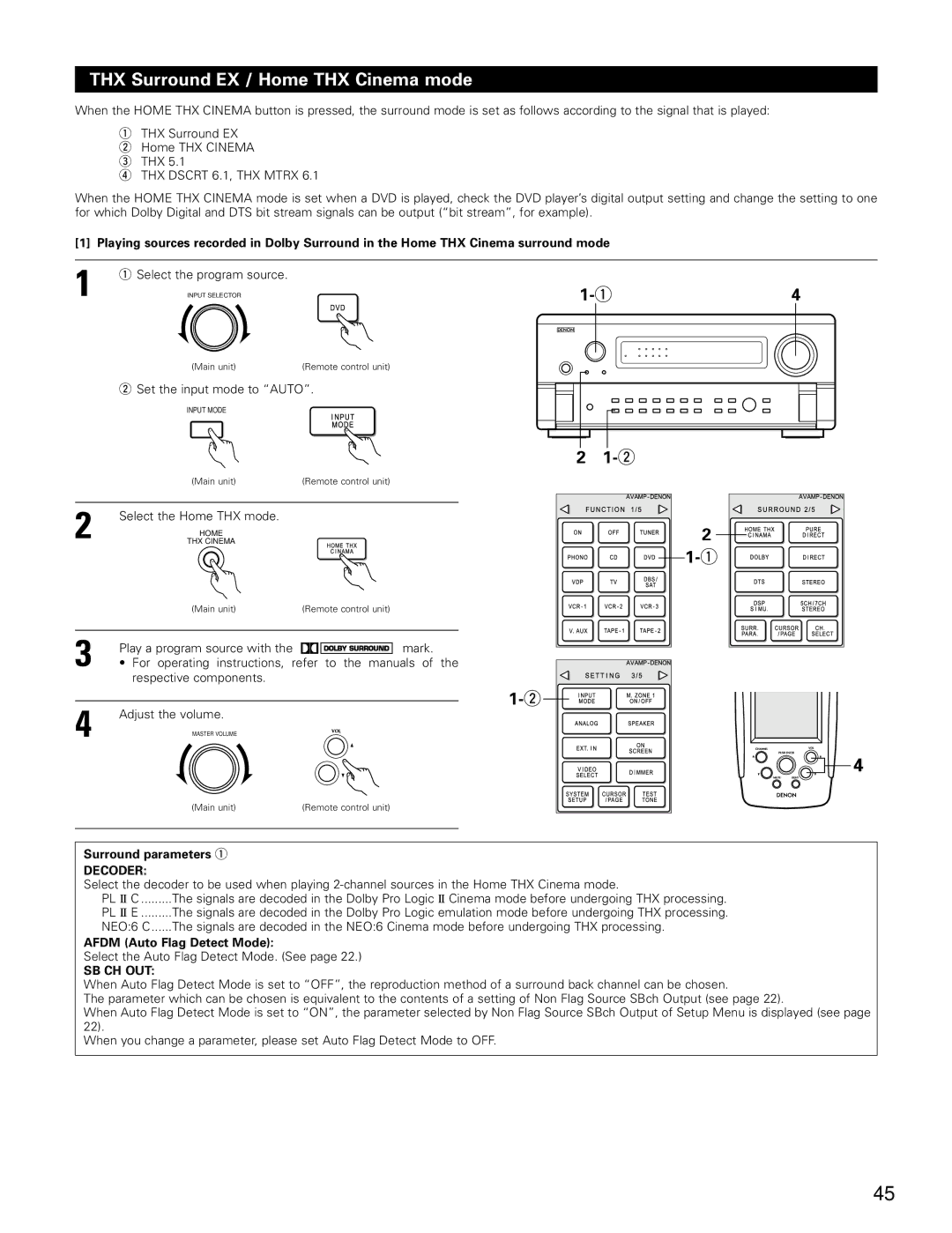 Denon AVR-4802 manual THX Surround EX / Home THX Cinema mode, Surround parameters q, Afdm Auto Flag Detect Mode 