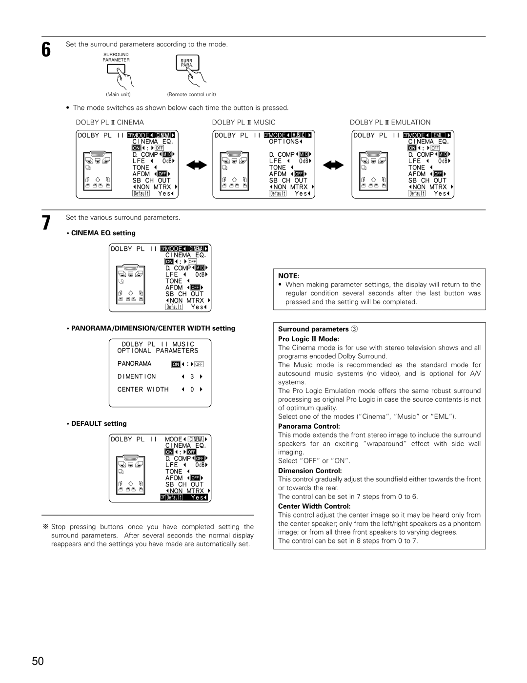 Denon AVR-4802 manual Set the various surround parameters, Cinema EQ setting, Surround parameters e Pro Logic II Mode 