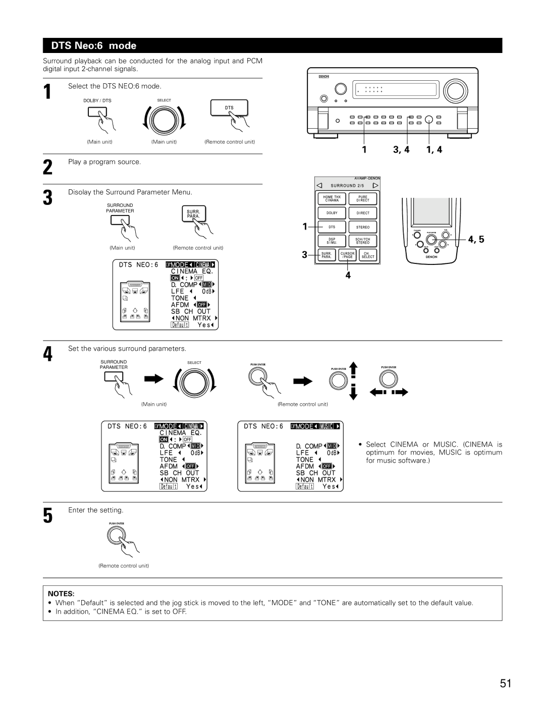 Denon AVR-4802 manual DTS Neo6 mode, Play a program source Disolay the Surround Parameter Menu 