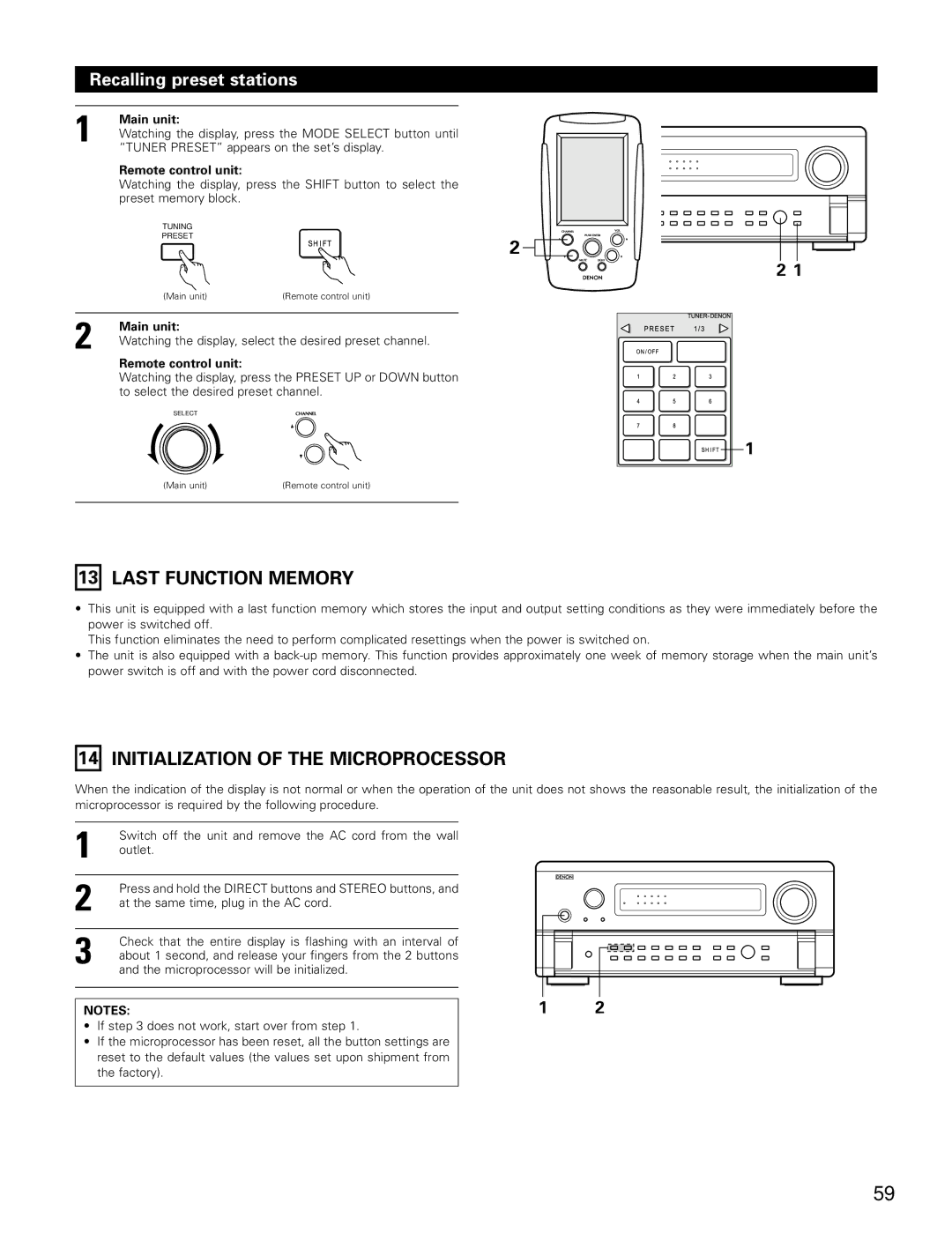 Denon AVR-4802 manual Last Function Memory, Initialization of the Microprocessor, Recalling preset stations 