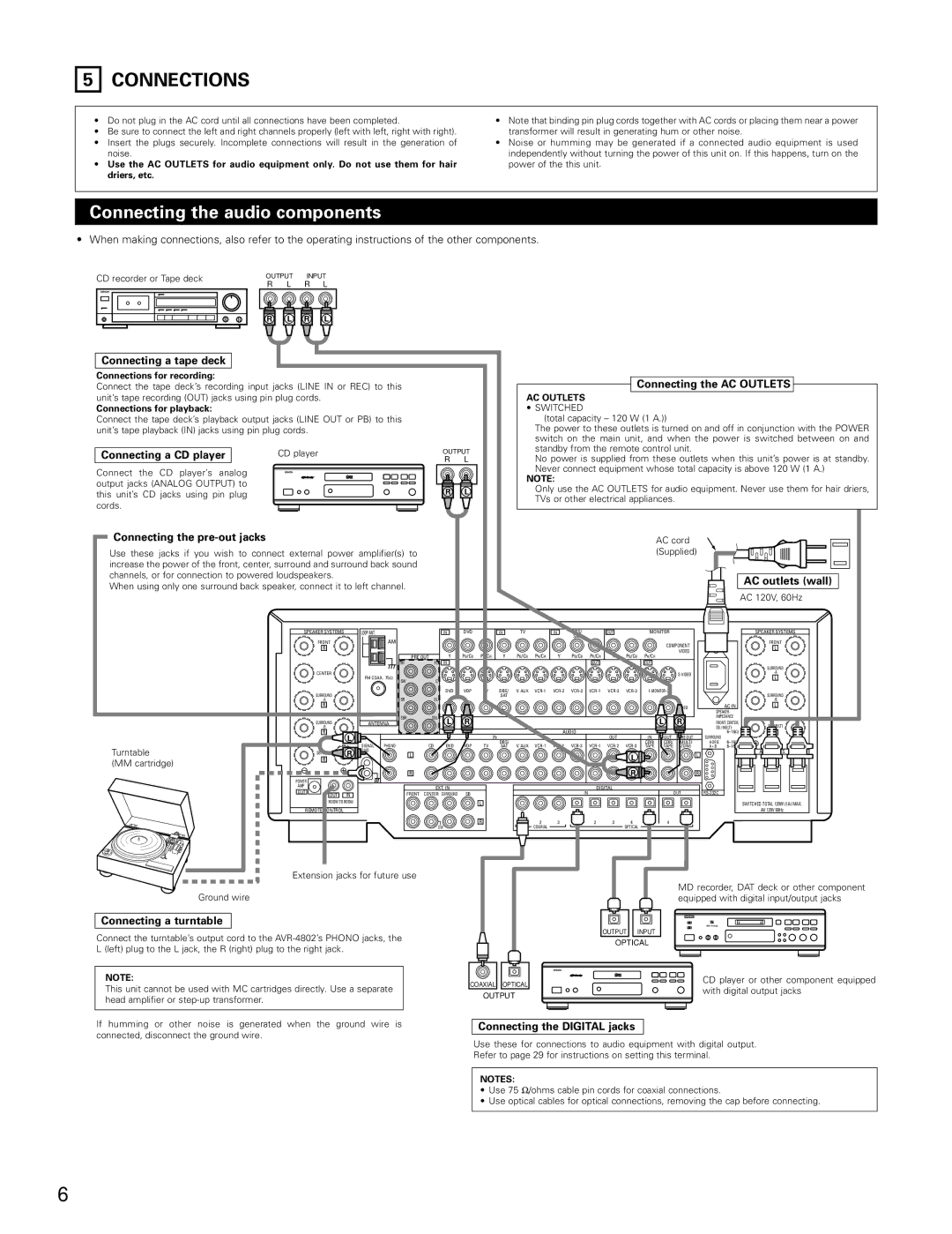 Denon AVR-4802 manual Connections, Connecting the audio components 