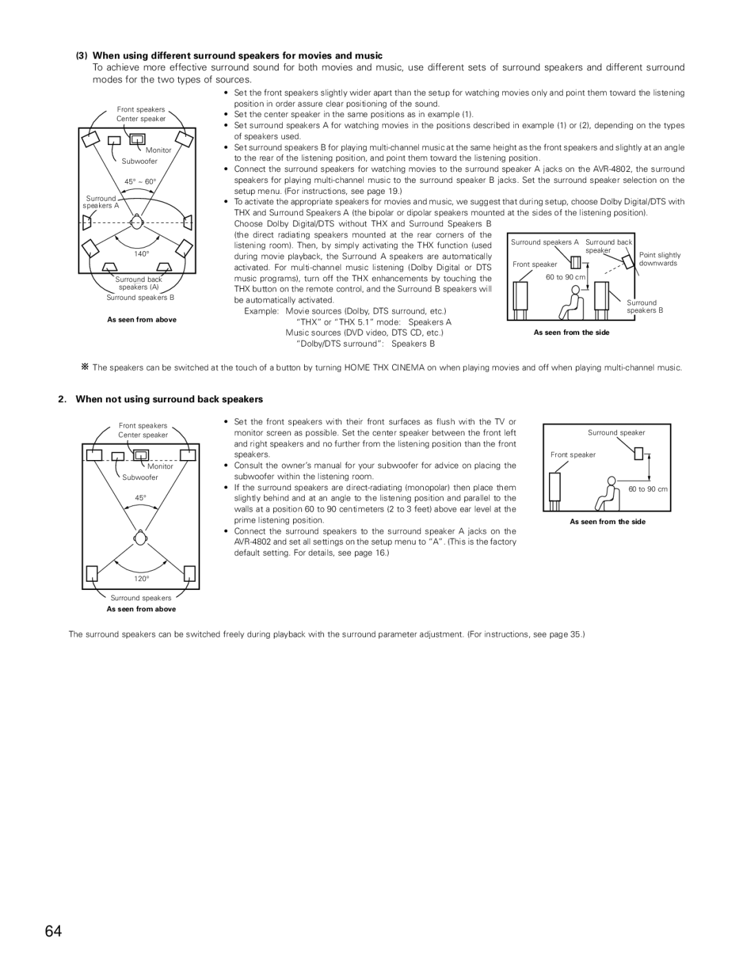 Denon AVR-4802 manual When using different surround speakers for movies and music, When not using surround back speakers 