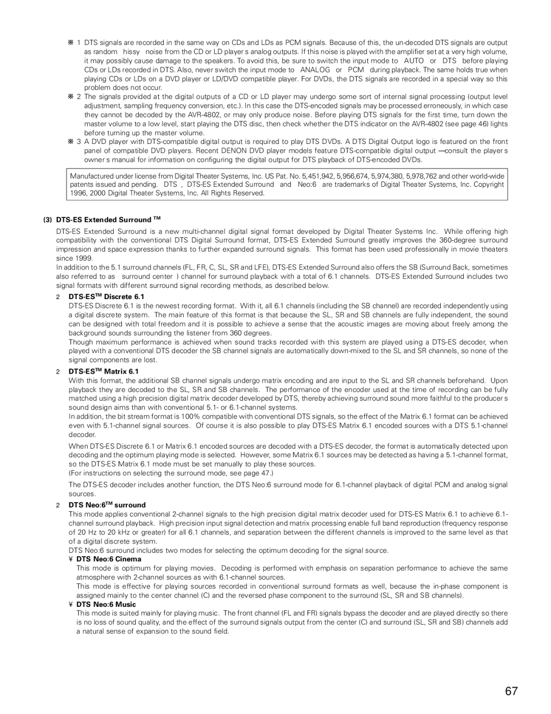 Denon AVR-4802 manual DTS-ES Extended Surround TM, DTS-ESTMDiscrete, DTS-ESTMMatrix, DTS Neo6TM surround, DTS Neo6 Cinema 