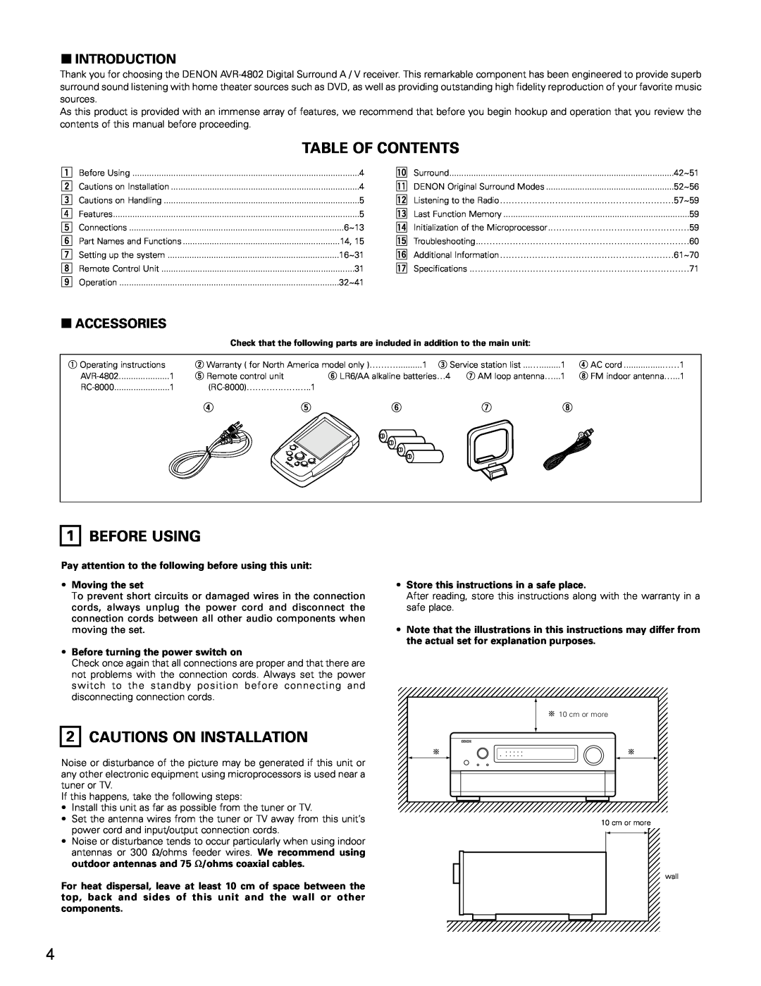 Denon AVR-4802 Table Of Contents, Before Using, Cautions On Installation, 2INTRODUCTION, 2ACCESSORIES, •Moving the set 