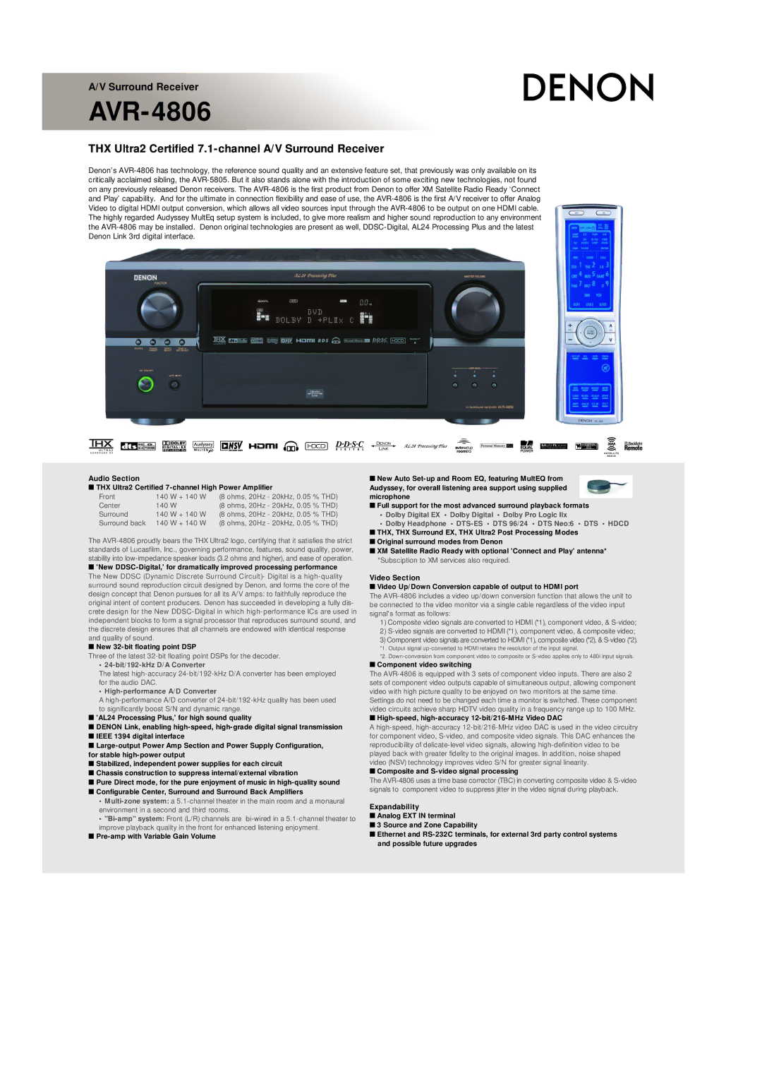 Denon AVR-4806 manual Audio Section, Video Section, Expandability 