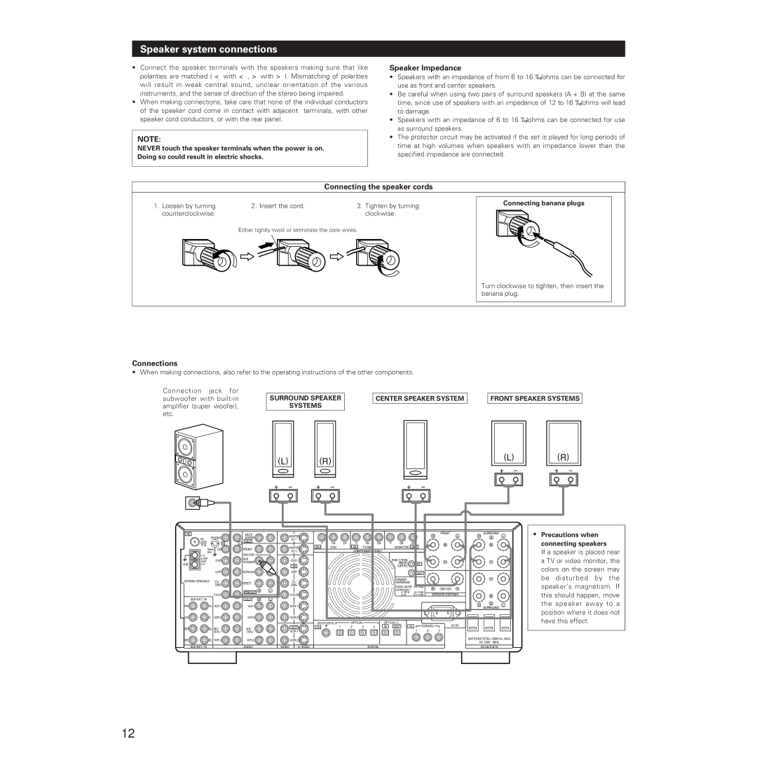 Denon AVR-5700 manual Speaker system connections, Speaker Impedance, Connecting the speaker cords, Connections 