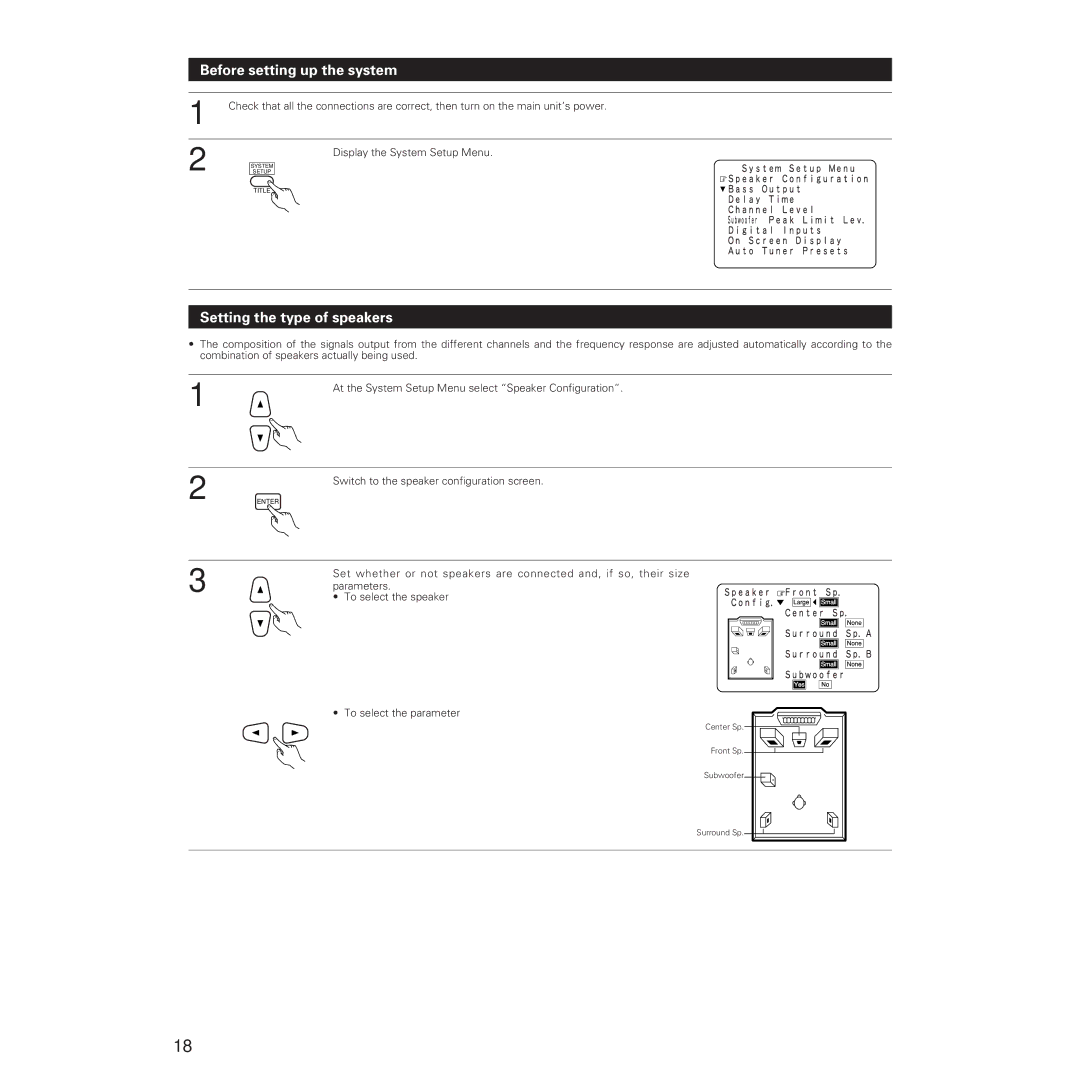 Denon AVR-5700 manual Before setting up the system, Setting the type of speakers 