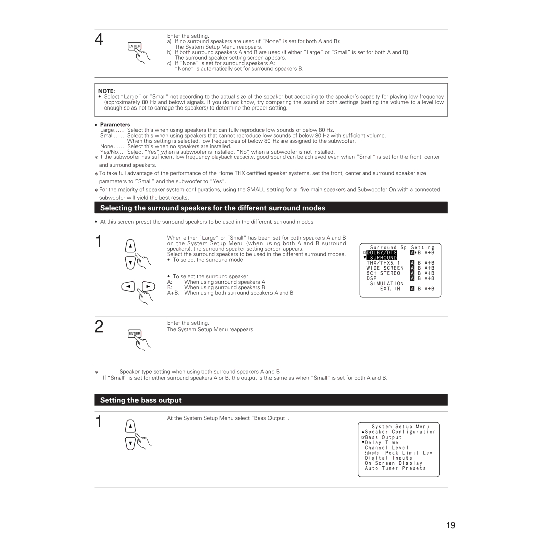 Denon AVR-5700 manual Setting the bass output, Enter the setting, System Setup Menu reappears, Parameters 