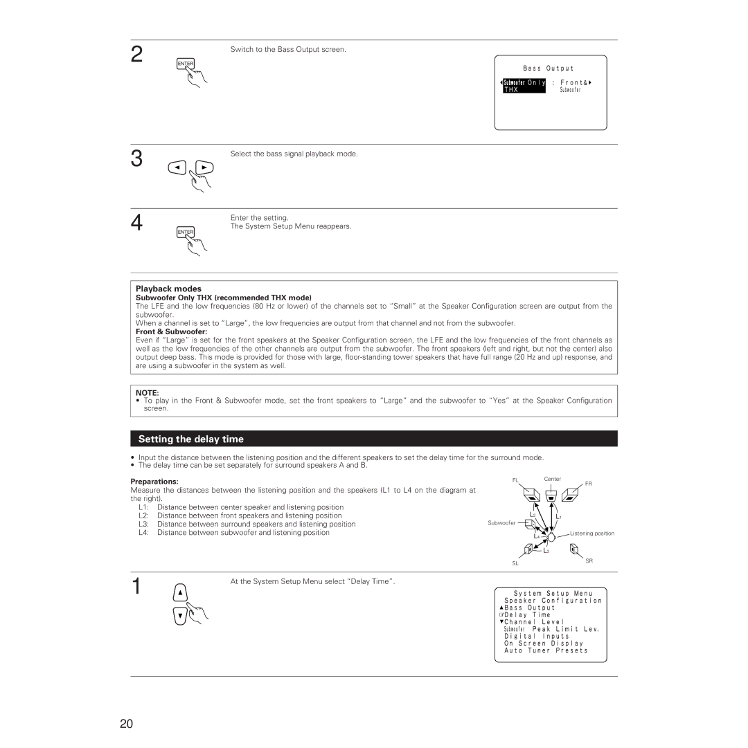 Denon AVR-5700 manual Setting the delay time, Subwoofer Only THX recommended THX mode, Front & Subwoofer, Preparations 