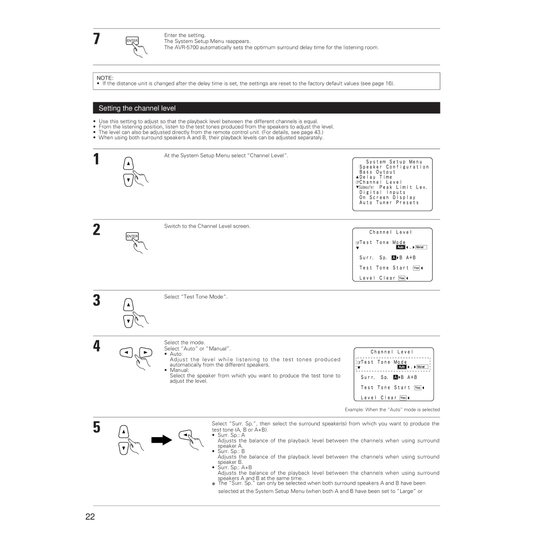 Denon AVR-5700 manual Setting the channel level, Test tone A, B or A+B, Surr. Sp. a 