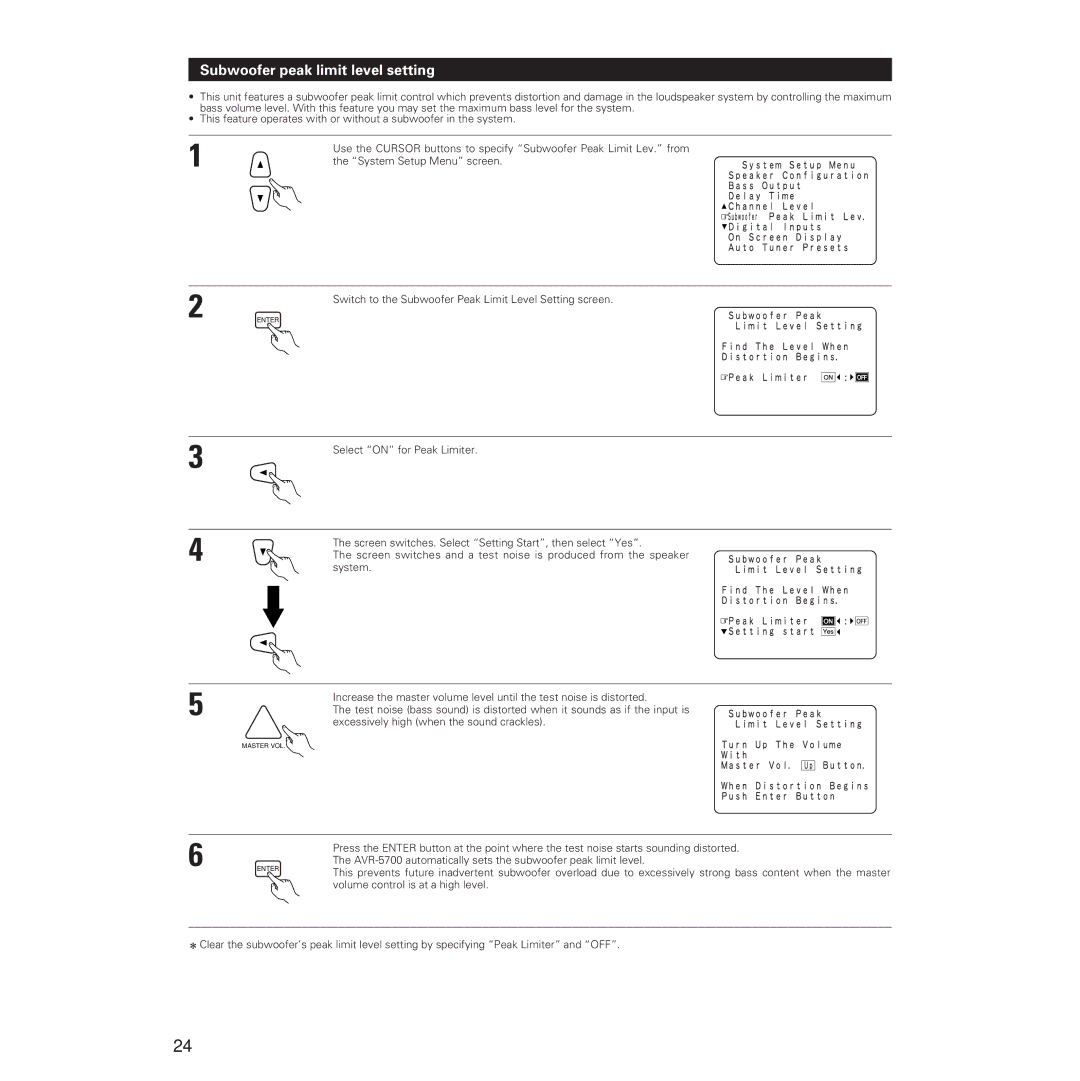 Denon manual Subwoofer peak limit level setting, AVR-5700 automatically sets the subwoofer peak limit level 