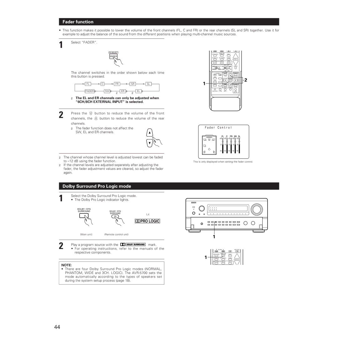 Denon AVR-5700 manual Fader function, Dolby Surround Pro Logic mode 
