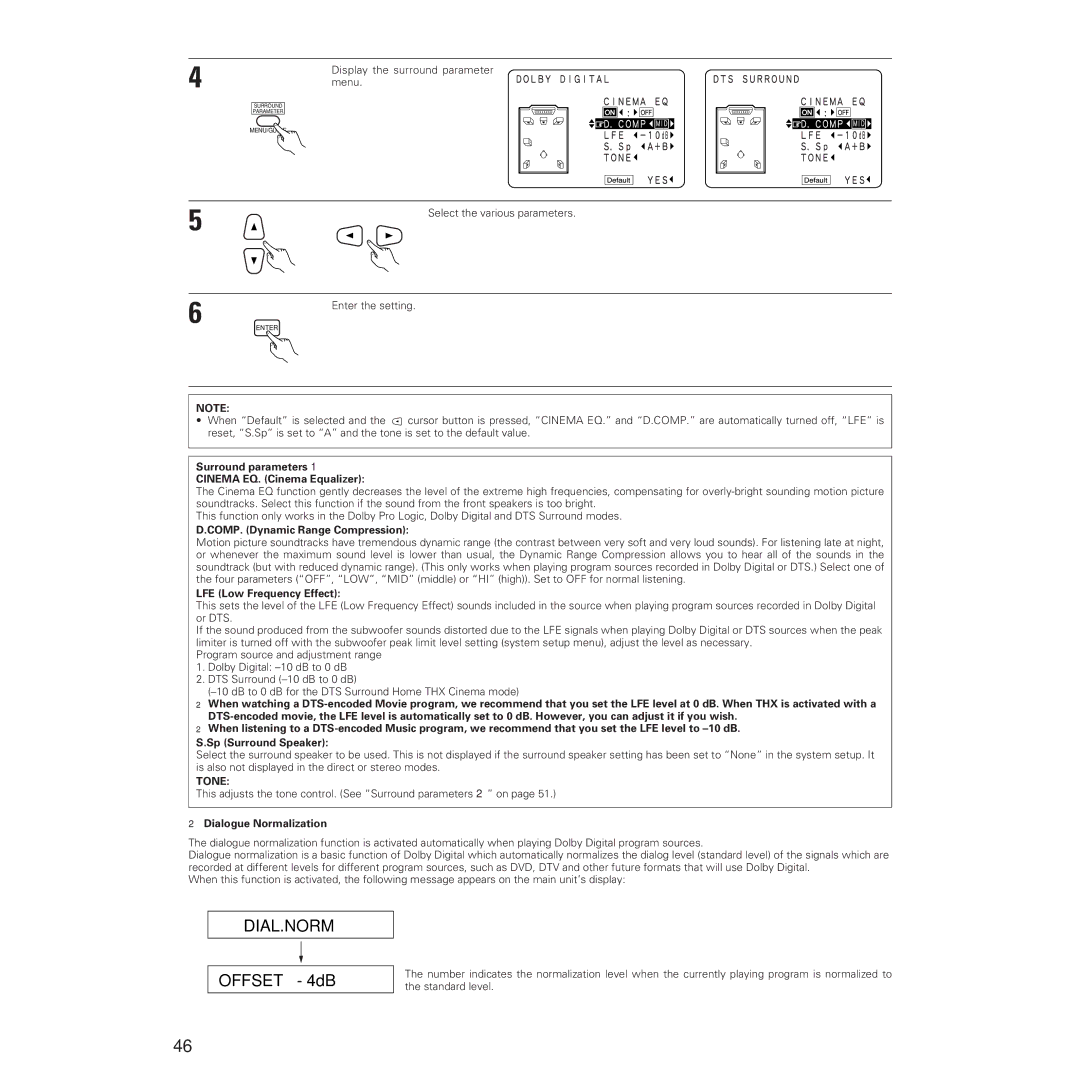Denon AVR-5700 Surround parameters Cinema EQ. Cinema Equalizer, COMP. Dynamic Range Compression, LFE Low Frequency Effect 