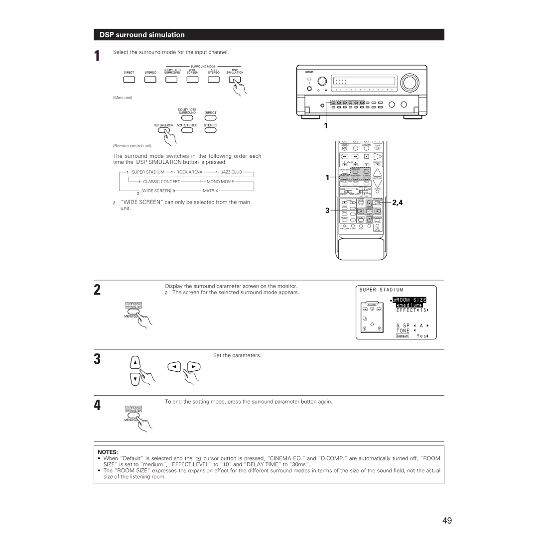 Denon AVR-5700 manual DSP surround simulation, Select the surround mode for the input channel 