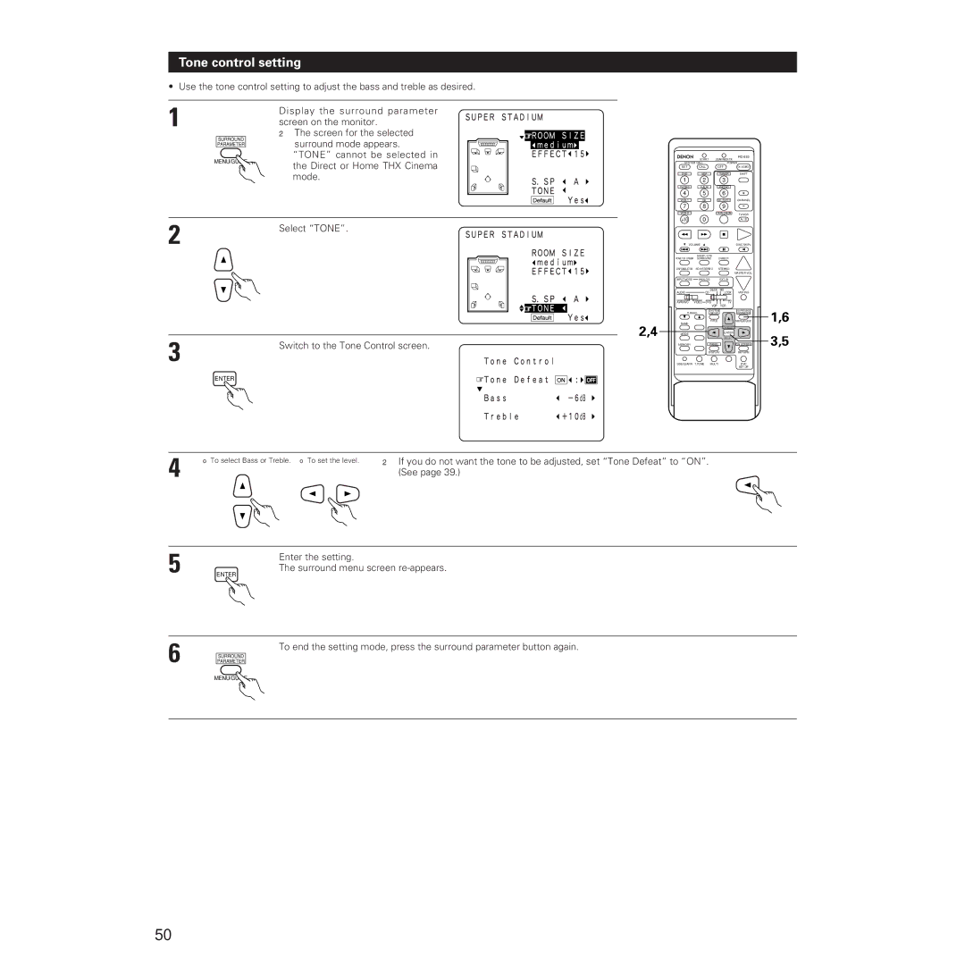 Denon AVR-5700 manual Tone control setting, Select Tone 