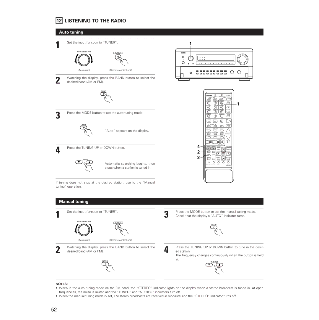 Denon AVR-5700 manual Listening to the Radio, Auto tuning, Manual tuning 