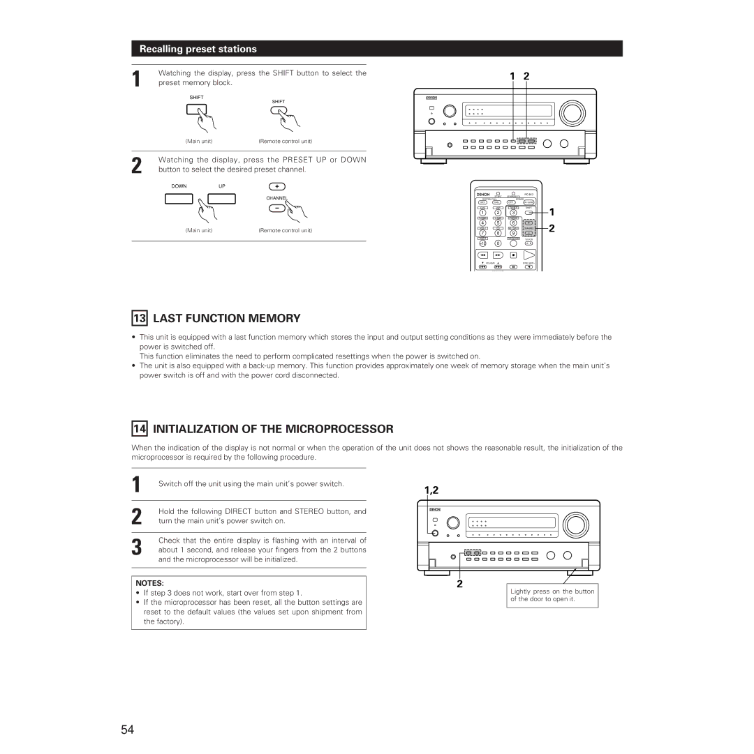 Denon AVR-5700 manual Last Function Memory, Initialization of the Microprocessor, Recalling preset stations 