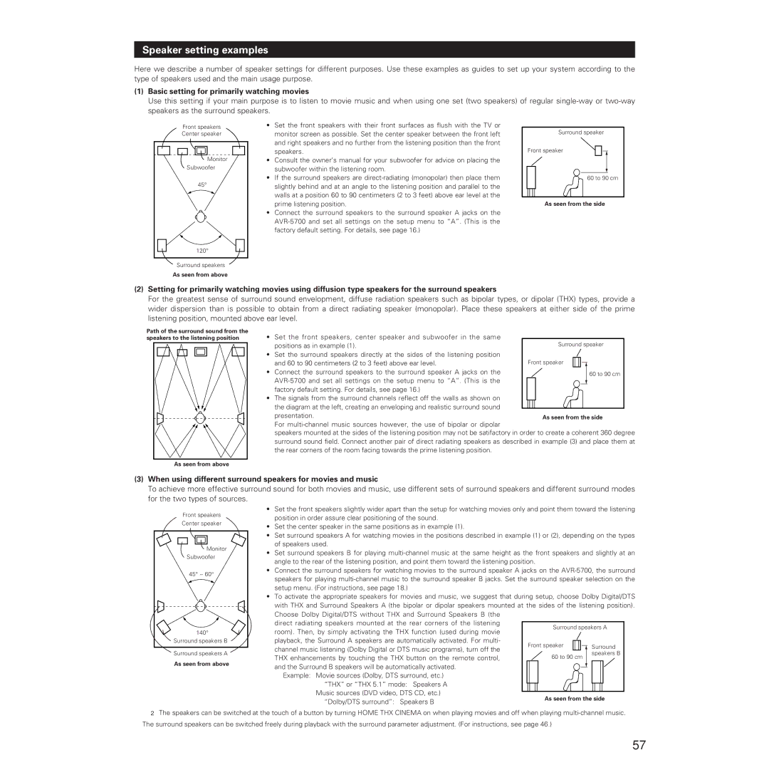 Denon AVR-5700 manual Speaker setting examples, Basic setting for primarily watching movies 