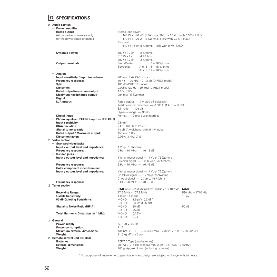 Denon AVR-5700 manual Specifications, Audio section Power amplifier Rated output 