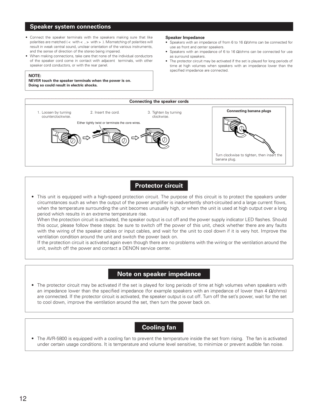 Denon AVR-5800 operating instructions Speaker system connections, Speaker Impedance, Connecting the speaker cords 