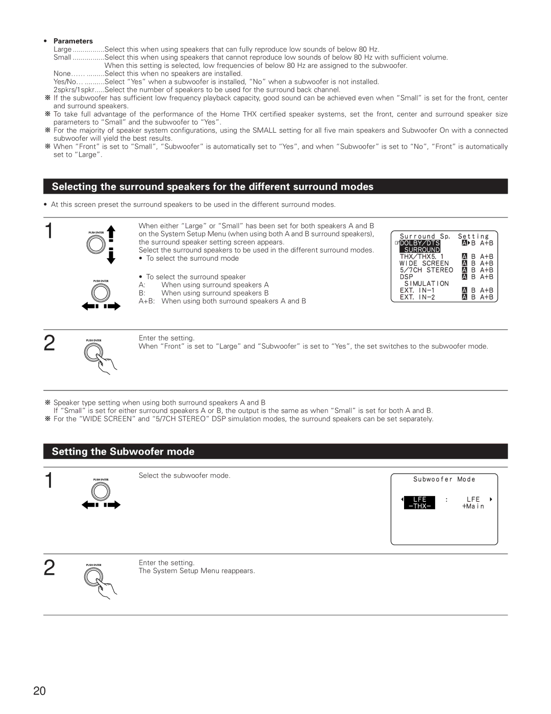 Denon AVR-5800 operating instructions Setting the Subwoofer mode, Parameters 