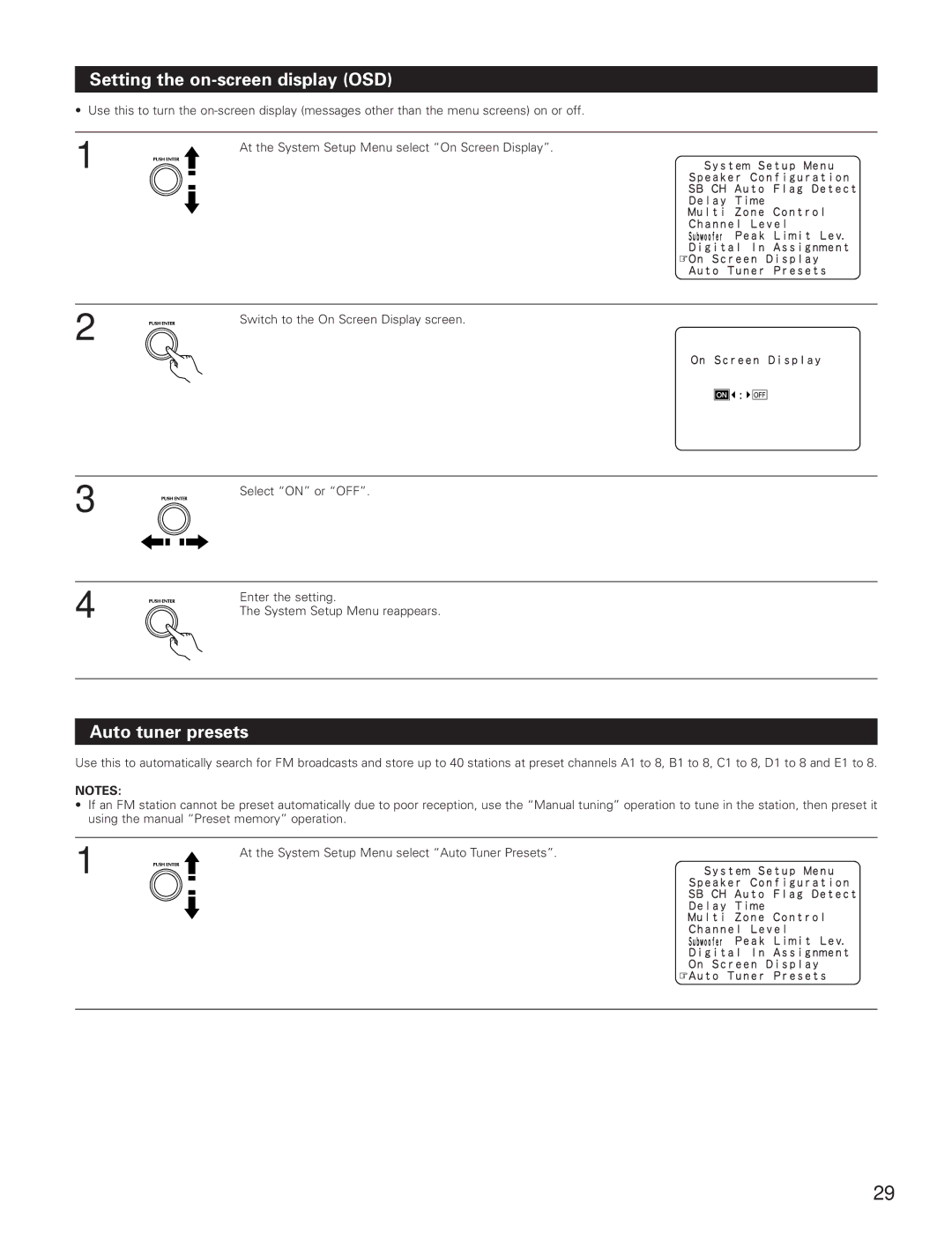 Denon AVR-5800 operating instructions Setting the on-screen display OSD, Auto tuner presets 