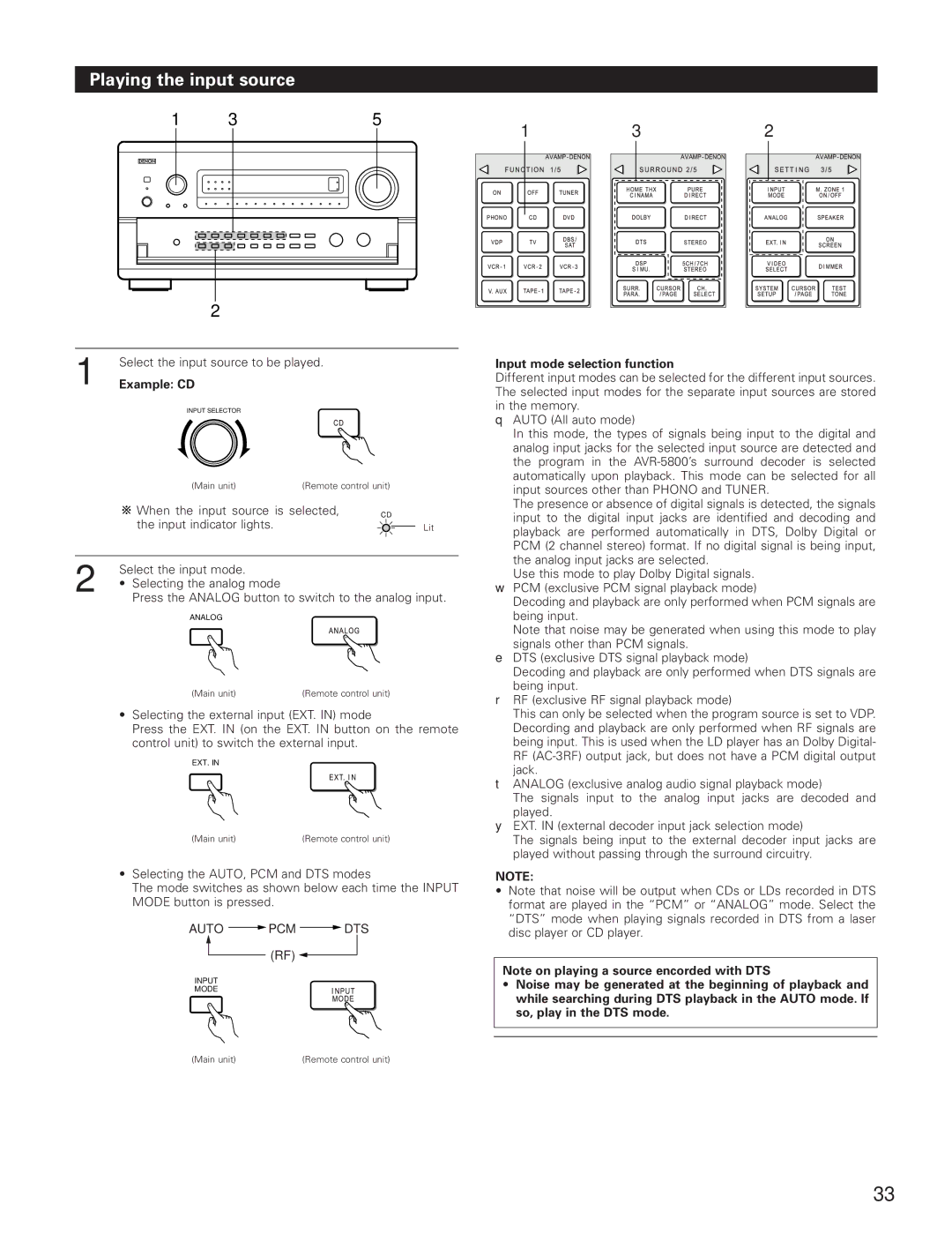 Denon AVR-5800 operating instructions Playing the input source, Example CD, Input mode selection function 