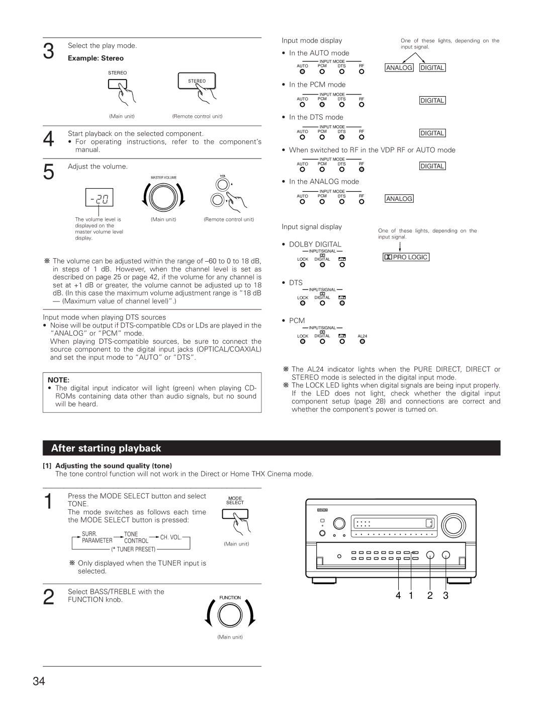 Denon AVR-5800 operating instructions After starting playback, Example Stereo, Adjusting the sound quality tone 