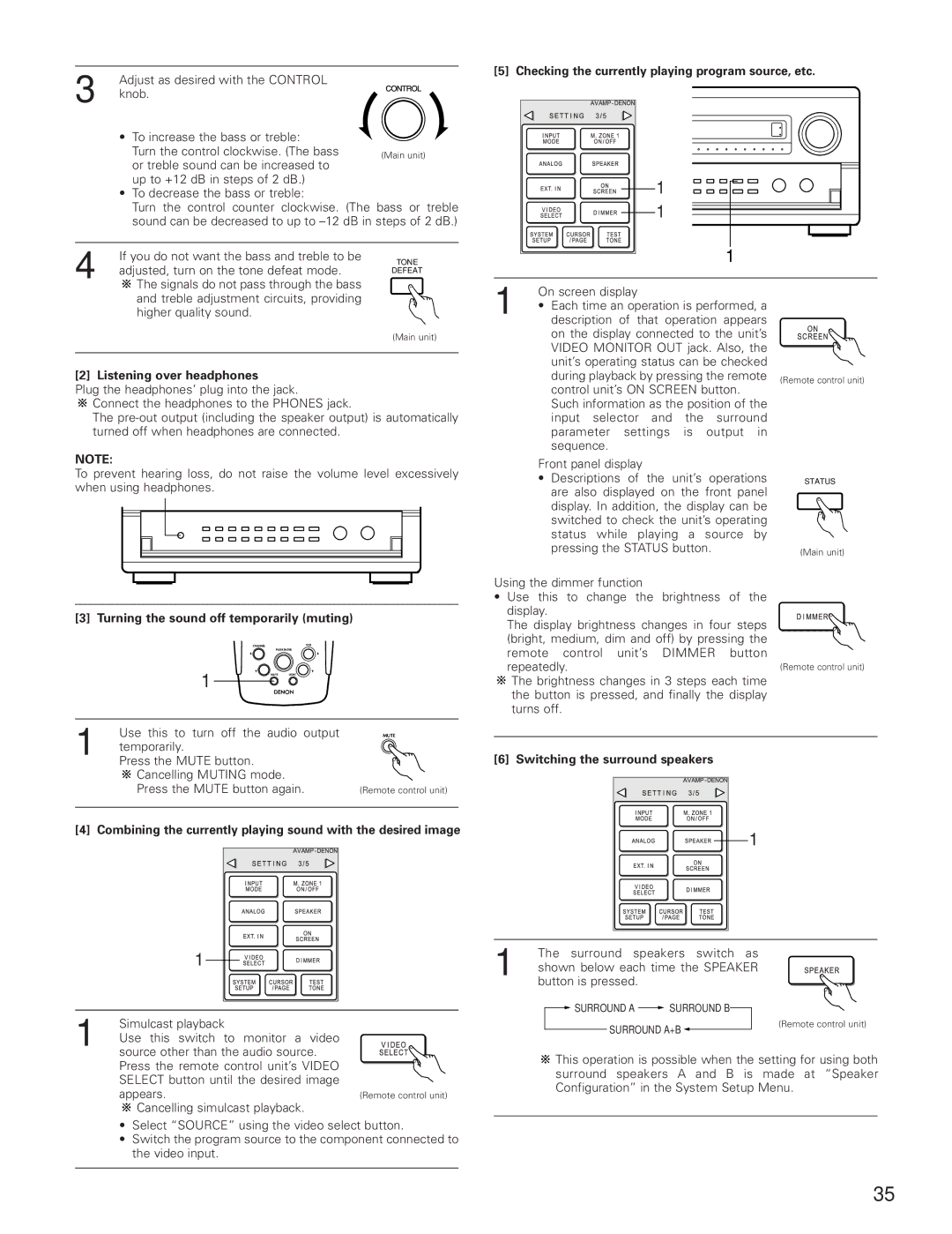 Denon AVR-5800 operating instructions Checking the currently playing program source, etc, Listening over headphones 