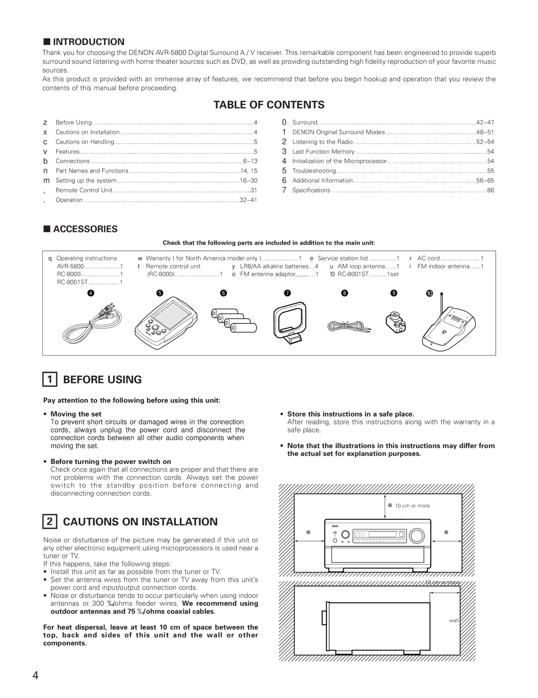 Denon AVR-5800 operating instructions Table of Contents, Before Using 