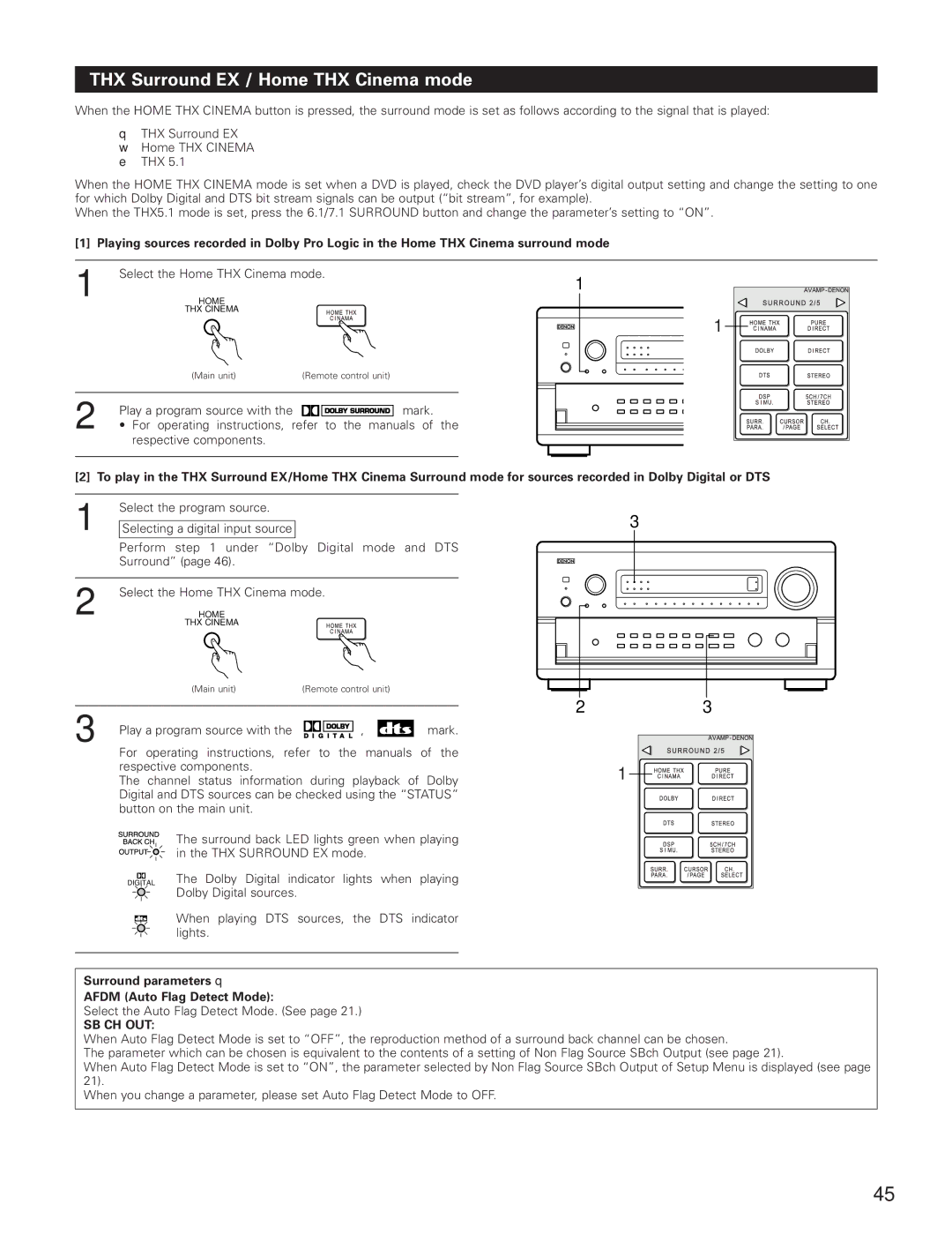 Denon AVR-5800 THX Surround EX / Home THX Cinema mode, Surround parameters q Afdm Auto Flag Detect Mode 