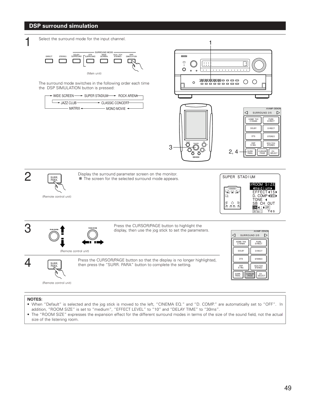 Denon AVR-5800 operating instructions DSP surround simulation, Select the surround mode for the input channel 