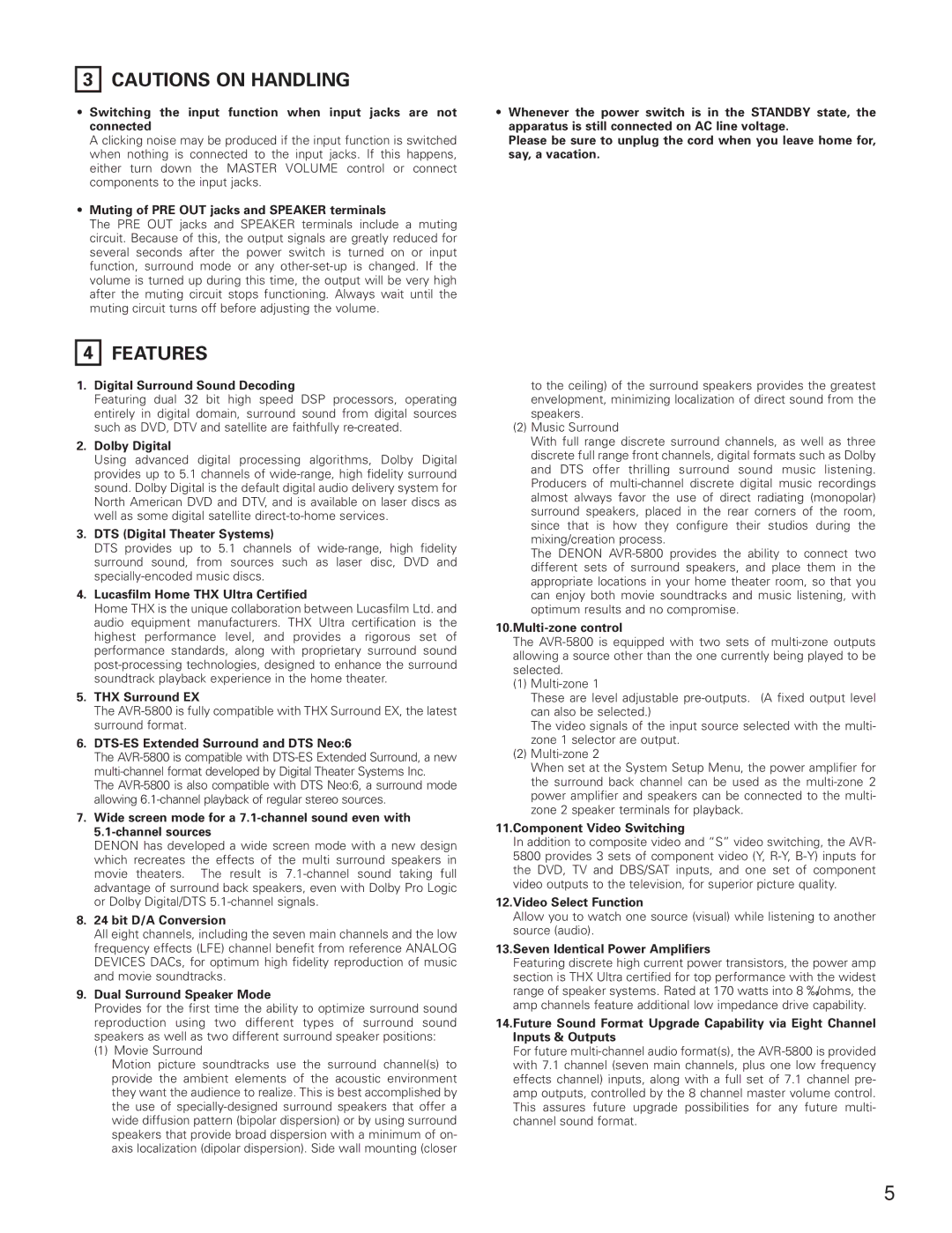 Denon AVR-5800 operating instructions Features 