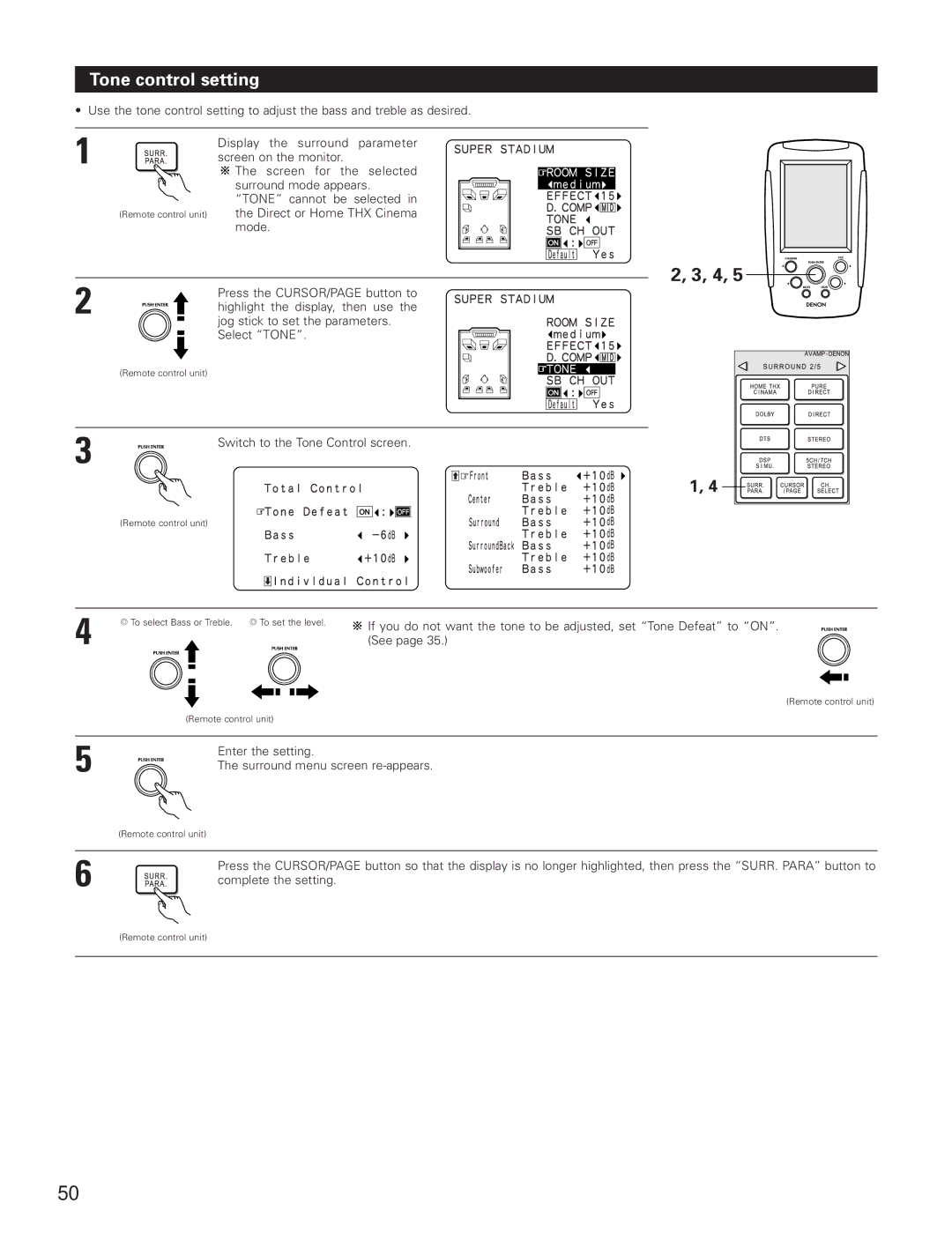 Denon AVR-5800 operating instructions Tone control setting 