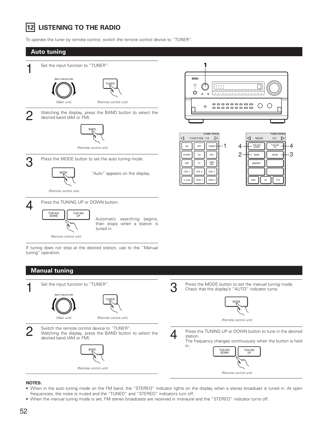 Denon AVR-5800 operating instructions Listening to the Radio, Auto tuning, Manual tuning 