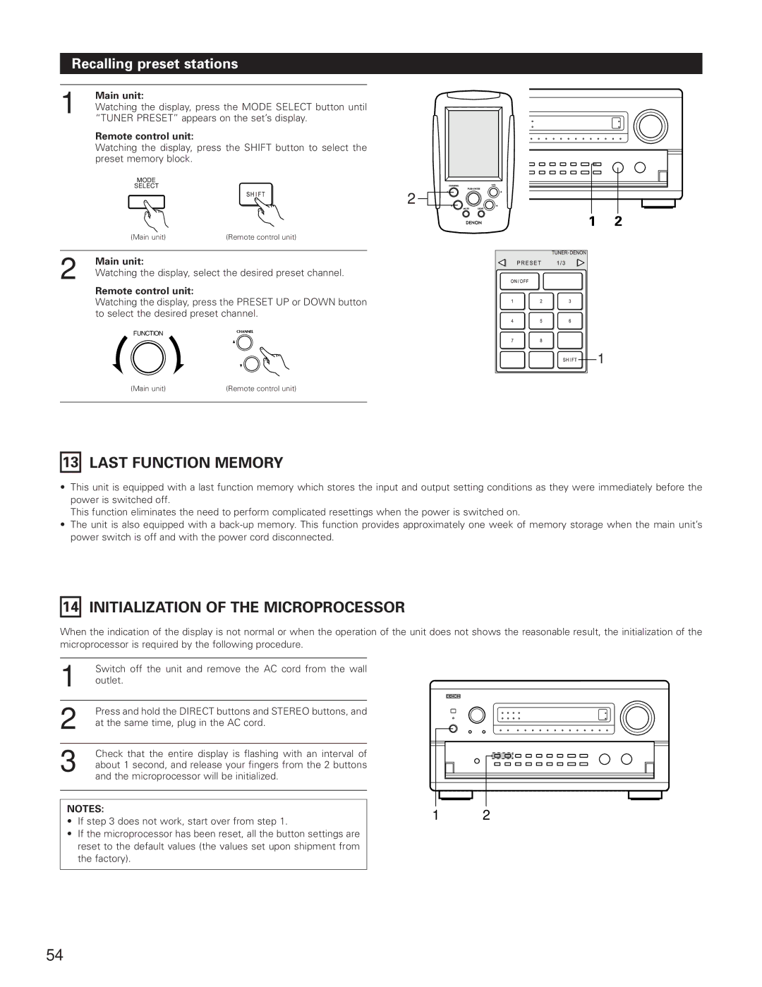 Denon AVR-5800 operating instructions Last Function Memory, Initialization of the Microprocessor, Recalling preset stations 