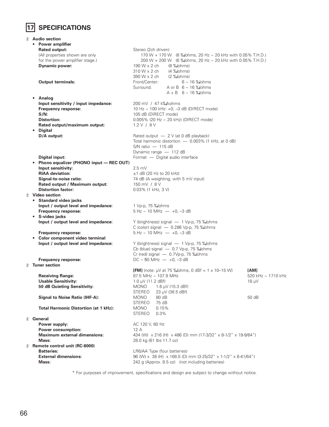 Denon AVR-5800 operating instructions Specifications, Audio section 