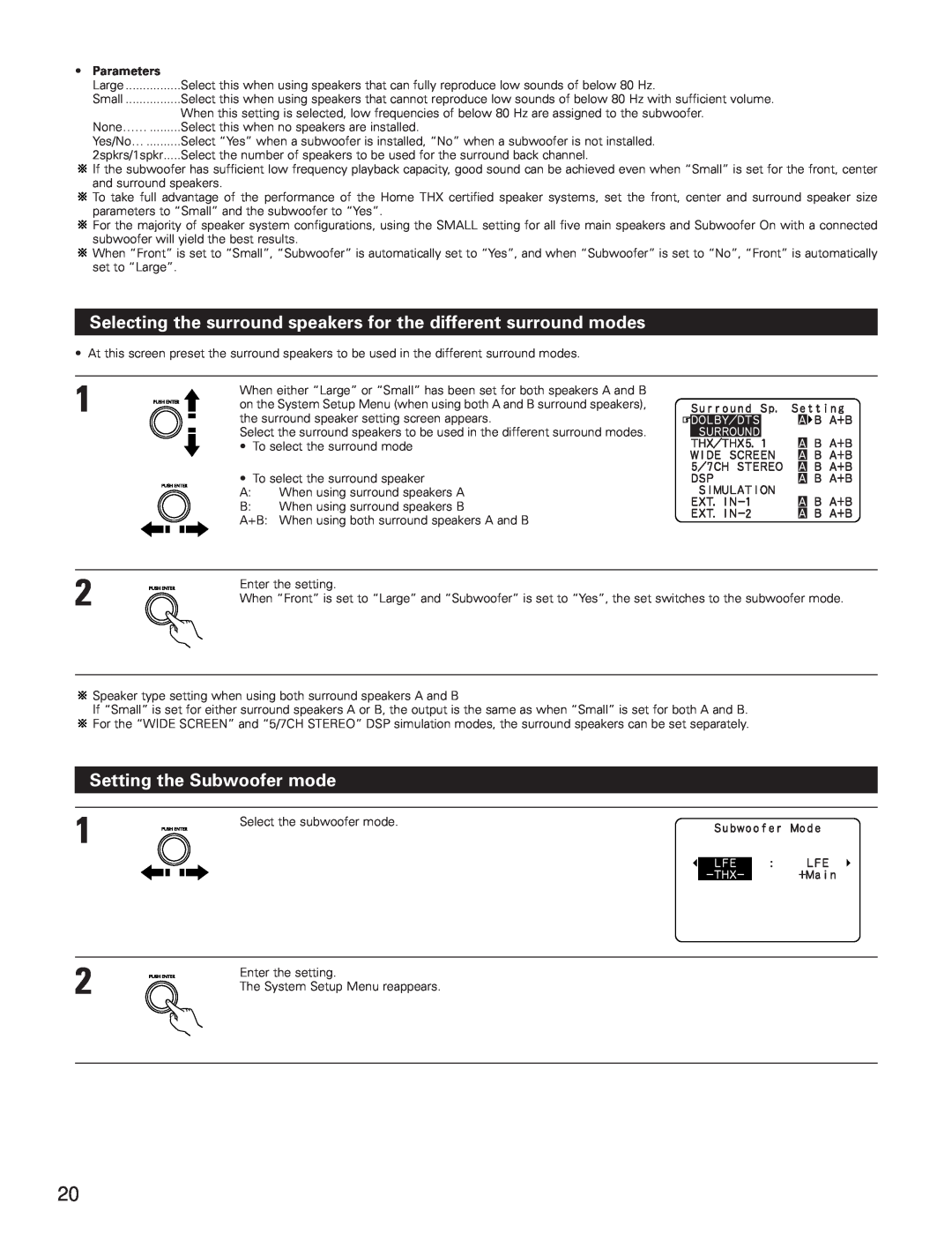 Denon AVR-5800 operating instructions Setting the Subwoofer mode, Parameters 