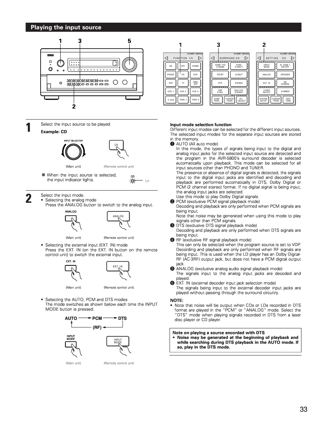 Denon AVR-5800 operating instructions Playing the input source, Example CD, Auto Pcm Dts Rf, Input mode selection function 