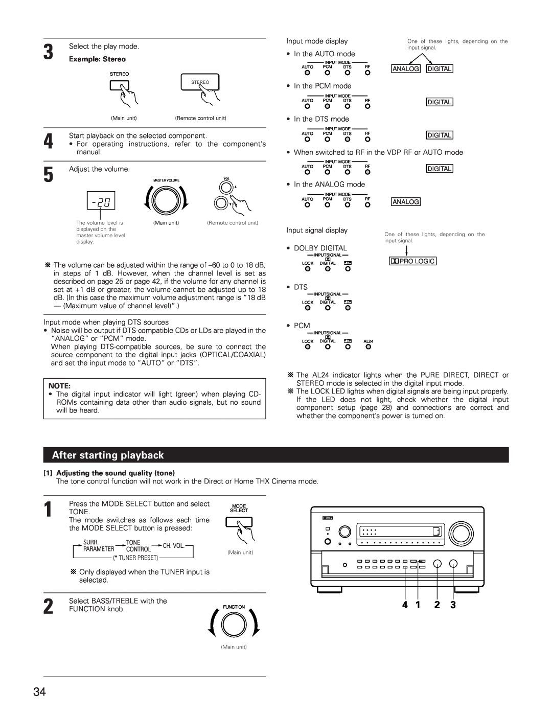 Denon AVR-5800 operating instructions After starting playback, Example Stereo, 1Adjusting the sound quality tone 