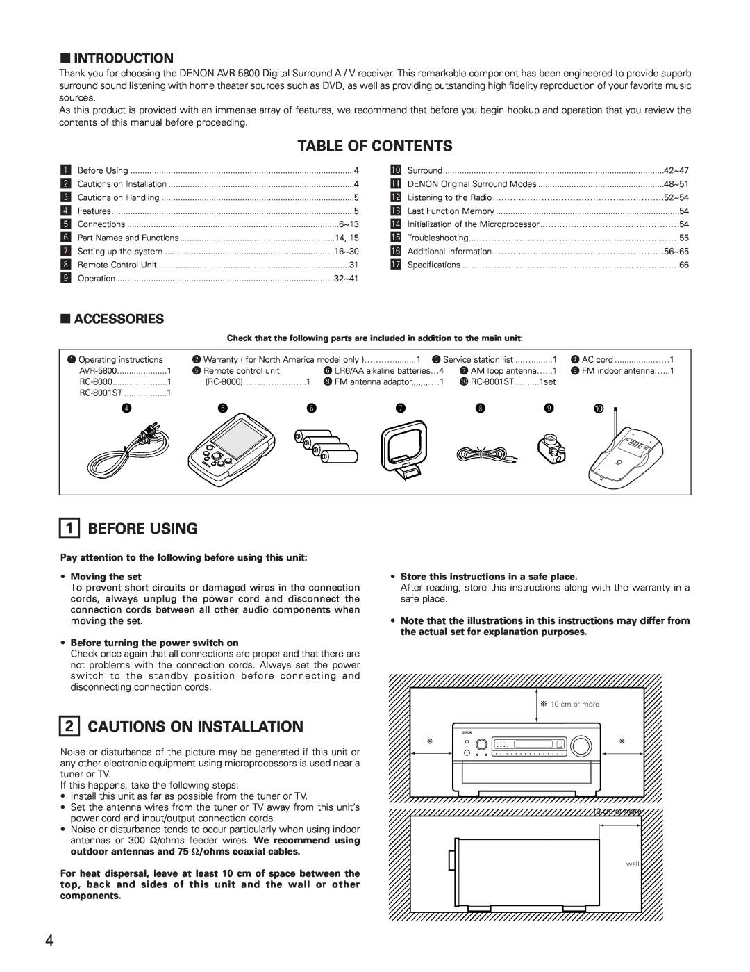 Denon AVR-5800 Table Of Contents, Before Using, Cautions On Installation, 2INTRODUCTION, 2ACCESSORIES, Moving the set 