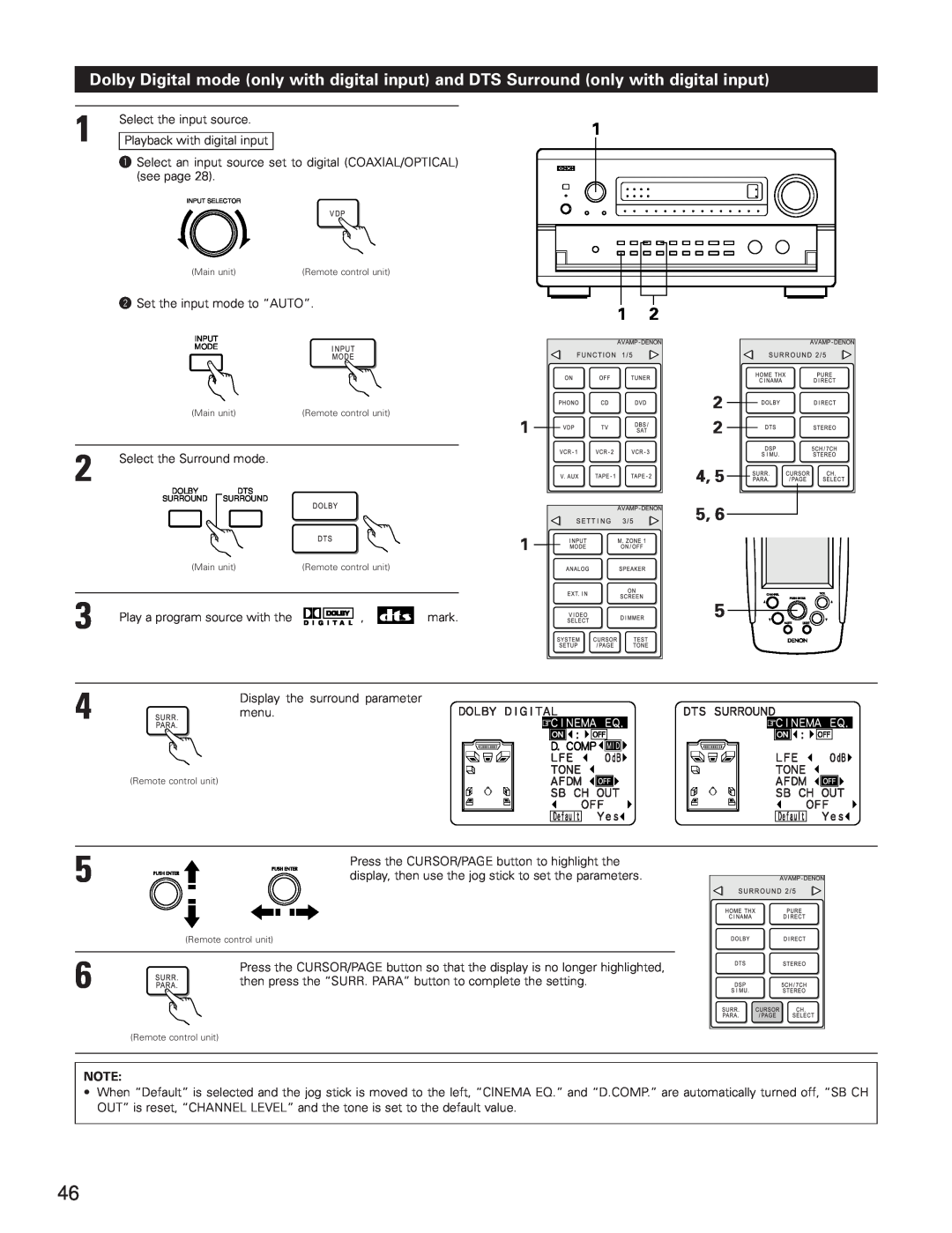 Denon AVR-5800 operating instructions w Set the input mode to “AUTO”, Select the Surround mode 