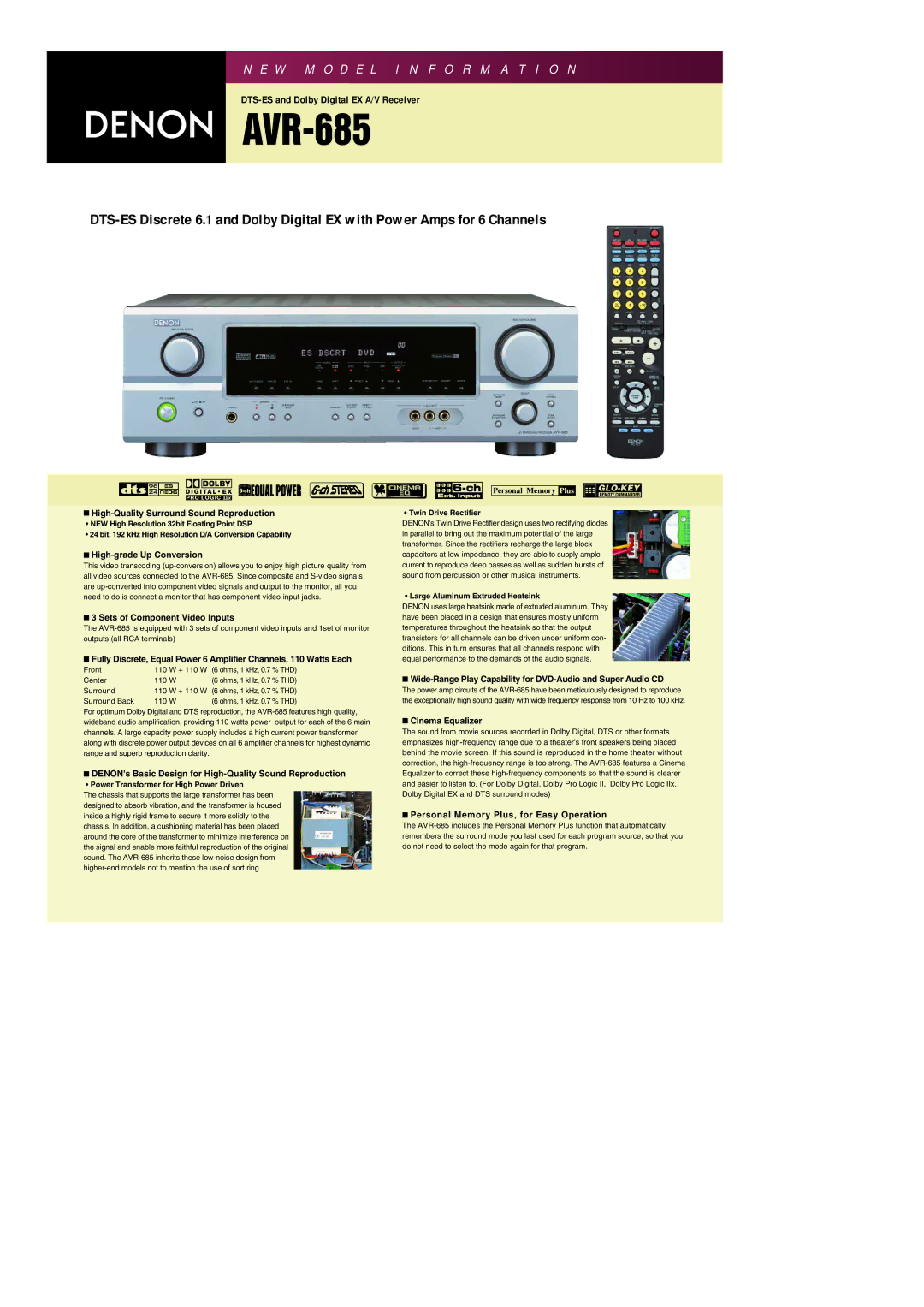 Denon AVR-685 manual High-Quality Surround Sound Reproduction, High-grade Up Conversion, Sets of Component Video Inputs 