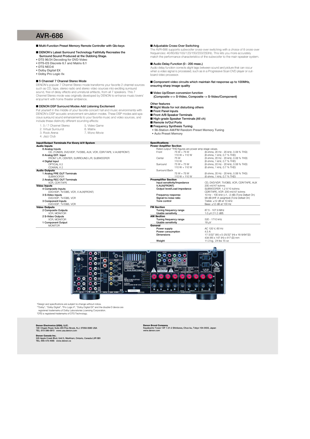 Denon AVR-686 manual Channel/ 7 Channel Stereo Mode, Denon DSP Surround Modes Add Listening Excitement 