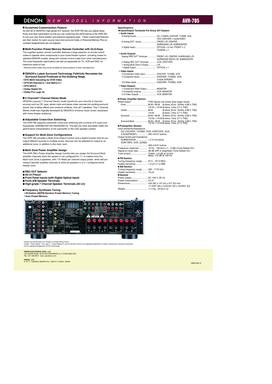 Denon AVR-785S manual Acclaimed Customization Feature, Channel/7 Channel Stereo Mode, Adjustable Cross-Over Switching 