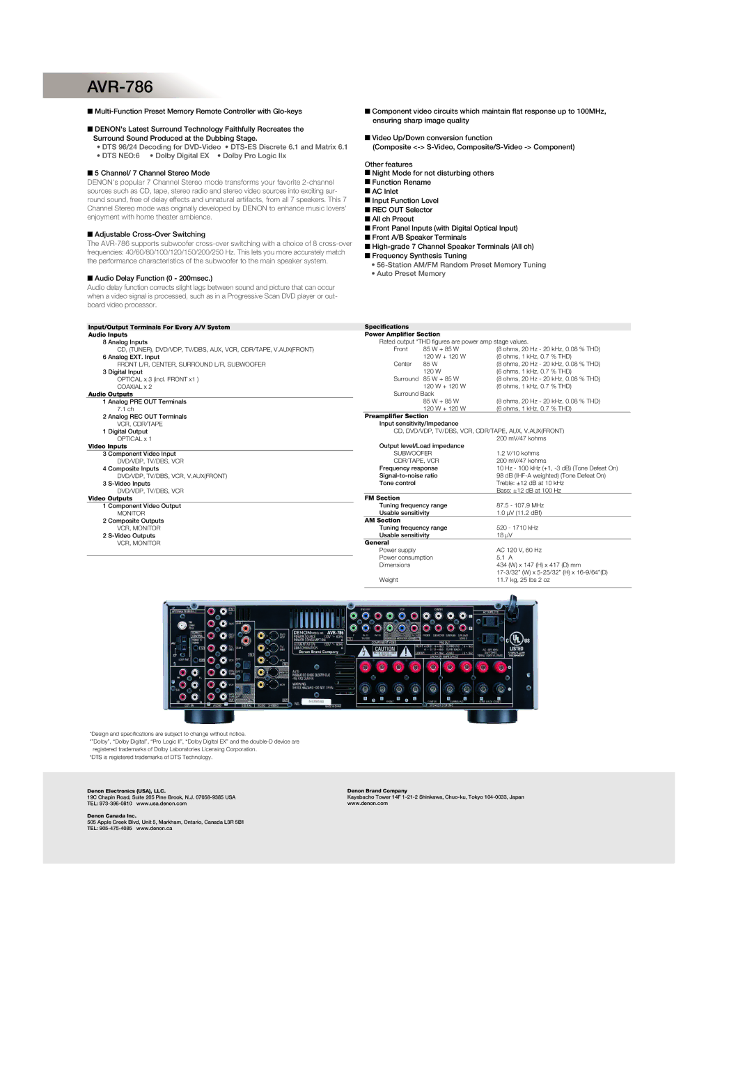 Denon AVR-786S manual Channel/ 7 Channel Stereo Mode, Adjustable Cross-Over Switching, Audio Delay Function 0 200msec 