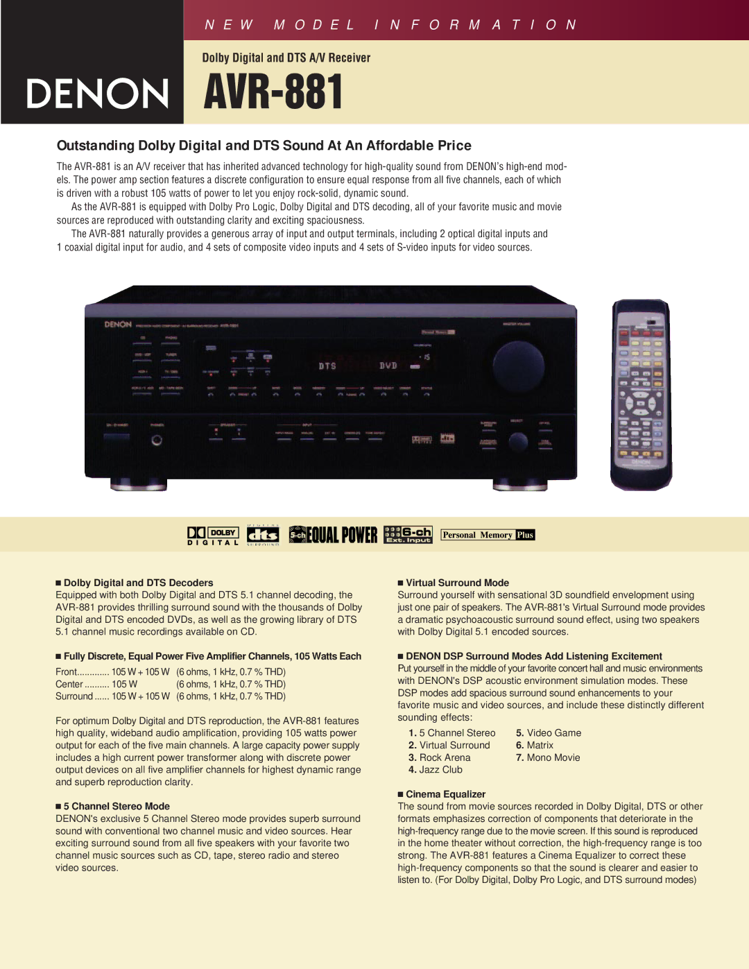 Denon AVR-881 manual Dolby Digital and DTS Decoders, Channel Stereo Mode, Virtual Surround Mode, Cinema Equalizer 