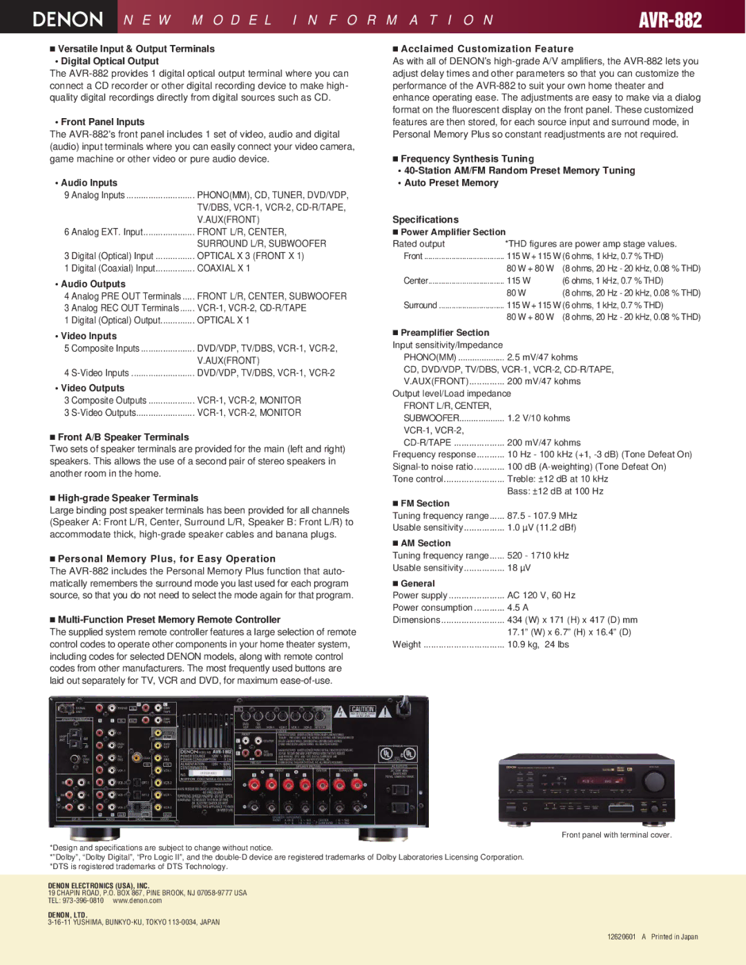 Denon AVR-882 Versatile Input & Output Terminals Digital Optical Output, Front Panel Inputs, Audio Inputs, Audio Outputs 