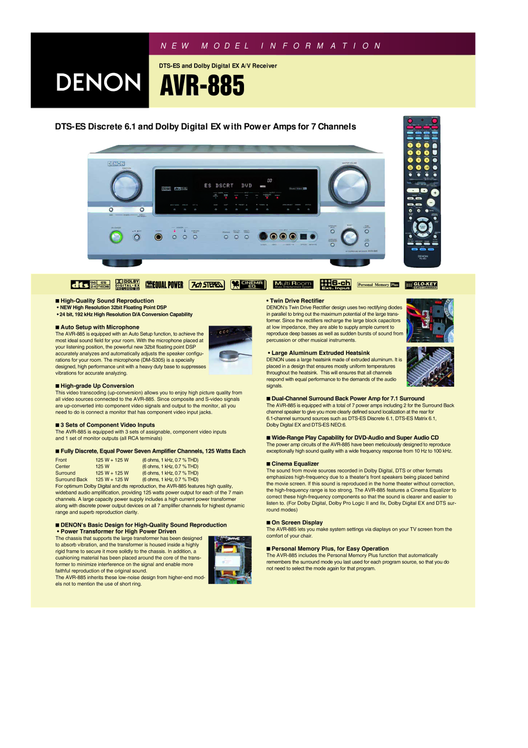 Denon AVR-885 manual High-Quality Sound Reproduction, Auto Setup with Microphone, High-grade Up Conversion 